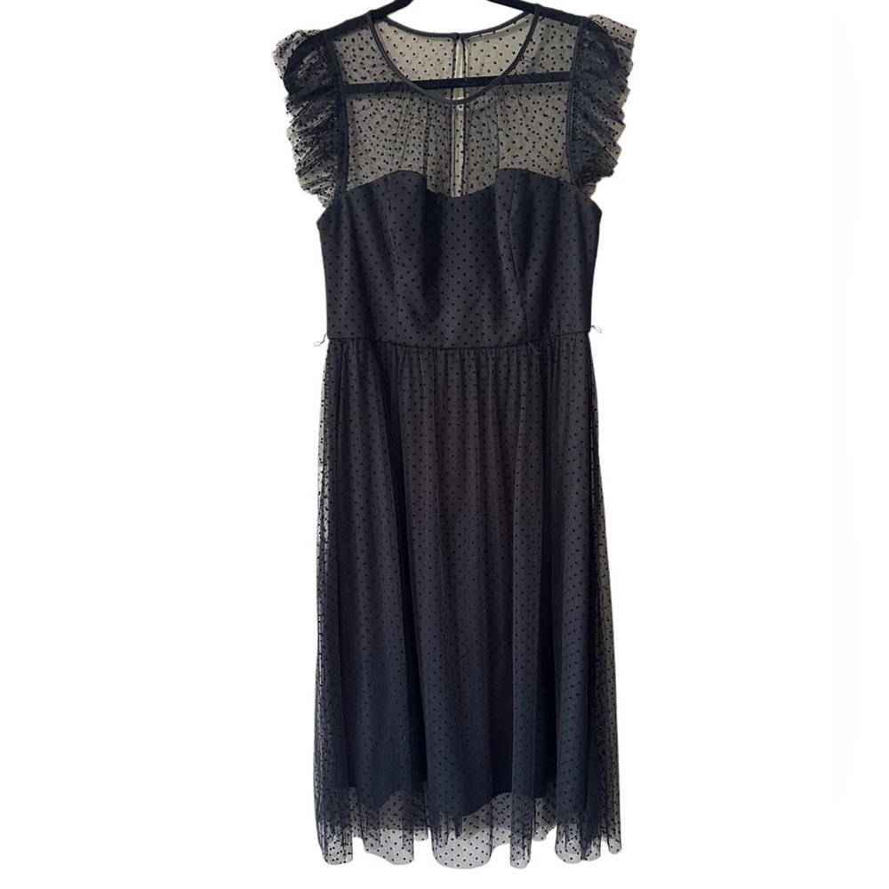 Jason Wu Size 12 Black Polka Dot Mesh Midi Dress Ruffle Cap Sleeve